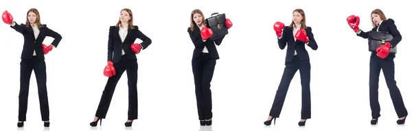 Бізнес-леді з боксерськими рукавичками ізольовані на білому — стокове фото