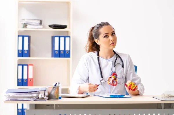 Mujer joven médico cardiólogo sentado en el hospital — Foto de Stock