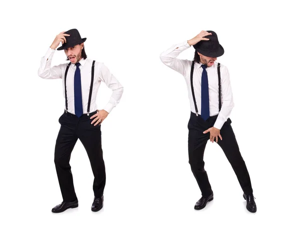 Mann mit Hut und Hosenträgern isoliert auf weiß — Stockfoto