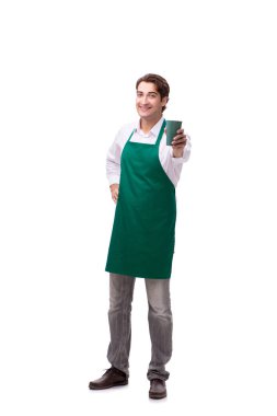 Beyaz arka planda izole genç barista
