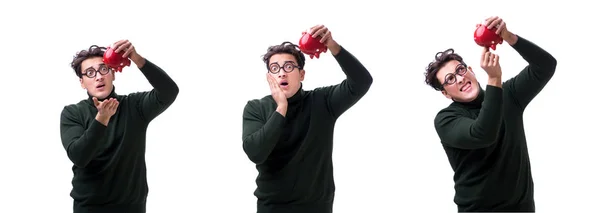 Nerd joven con piggybank aislado en blanco —  Fotos de Stock