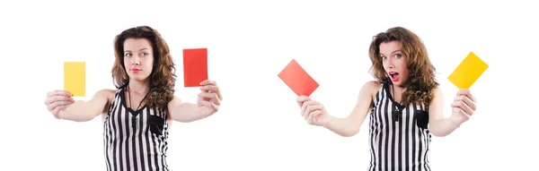 Woman referee with card on white — Stock Photo, Image