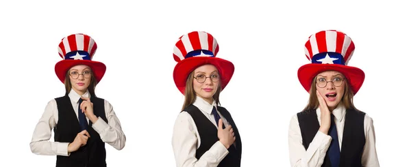 Mujer usando sombrero con símbolos americanos — Foto de Stock