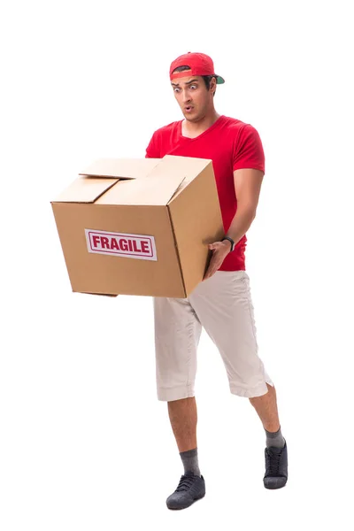 Przystojny wykonawca trzymający delikatne pudełko odizolowane na biało — Zdjęcie stockowe