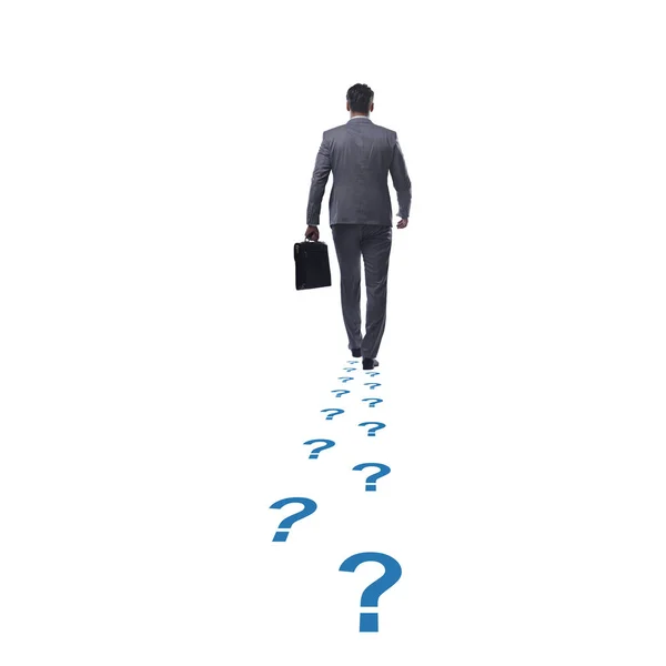 Businessman walking away on question footpath — Stock Photo, Image