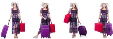 Bavul üzerinde beyaz izole olan kadın