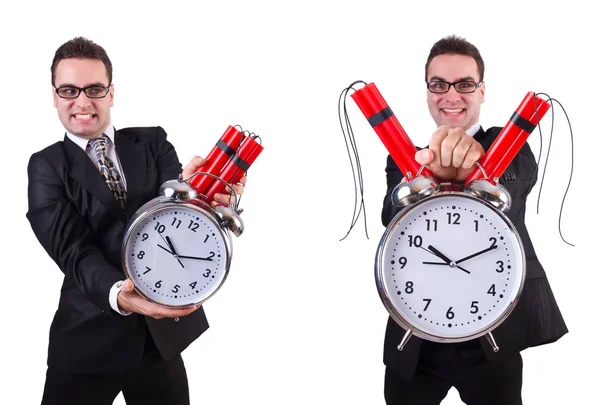 Hombre con bomba de tiempo aislado en blanco — Foto de Stock