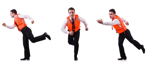 Hombre con chaleco salvavidas aislado en blanco — Foto de Stock