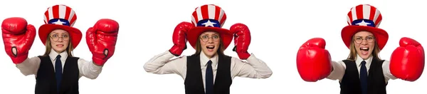 Colagem com mulher e chapéu americano — Fotografia de Stock