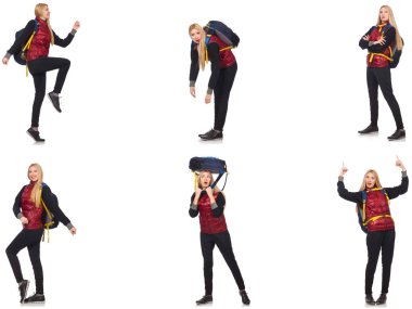 Sırt çantalı genç bir kadın bembeyaz 