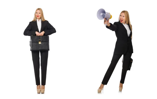 Businesswoman with megaphone and briefcase — Stock Photo, Image