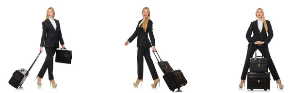 Donna d'affari con valigia isolata su bianco — Foto Stock