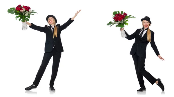 Бізнес-леді з купою квітів ізольовані на білому — стокове фото