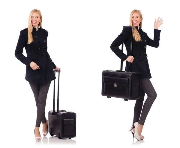 Beautiful woman in black coat with suitcase — Stock Photo, Image