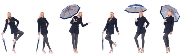 Mulher bonita em casaco preto com um guarda-chuva — Fotografia de Stock