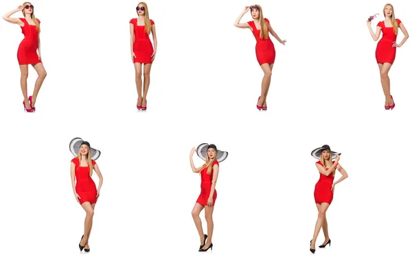Mooie vrouw in rode jurk geïsoleerd op wit — Stockfoto
