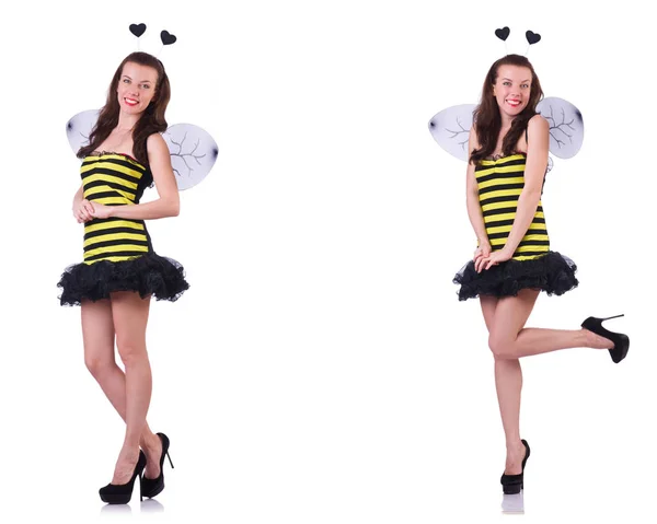 Young woman in bee costume isolated on white — Stock Photo, Image