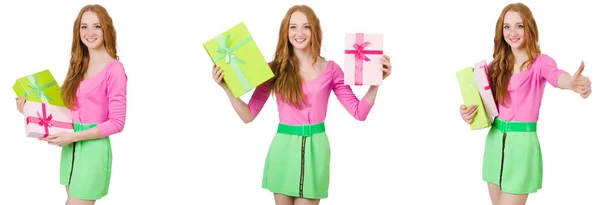 Hermosa mujer en falda verde con caja de regalo —  Fotos de Stock