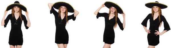 Jeune rousse dame en robe noire avec sombrero noir — Photo