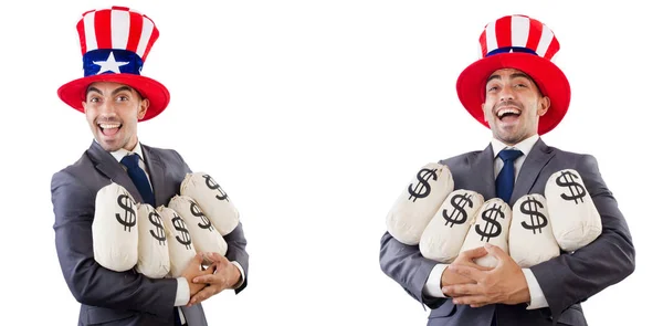 Hombre con sombrero americano con bolsas de dinero — Foto de Stock