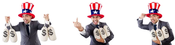Человек в американской шляпе и мешках с деньгами — стоковое фото