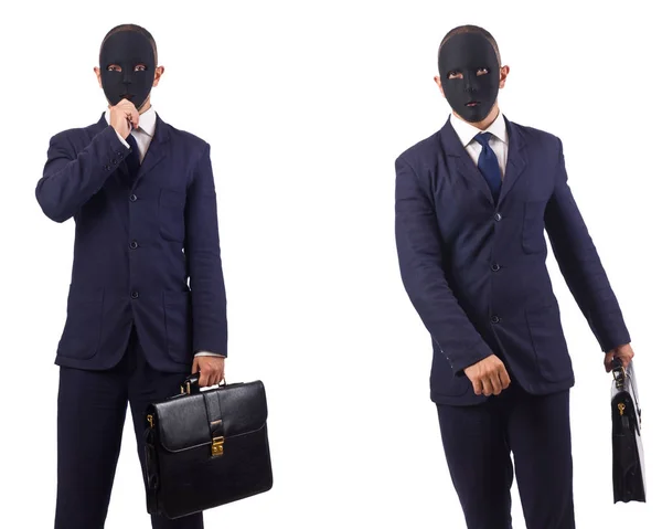 マスクと白で隔離のブリーフケースを持つ男 — ストック写真