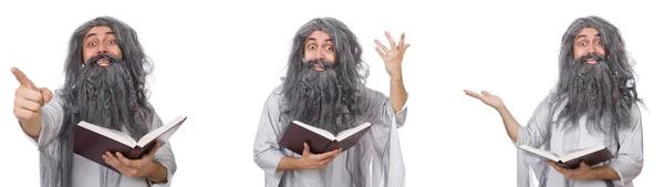 Grappige oude wizard met boek — Stockfoto