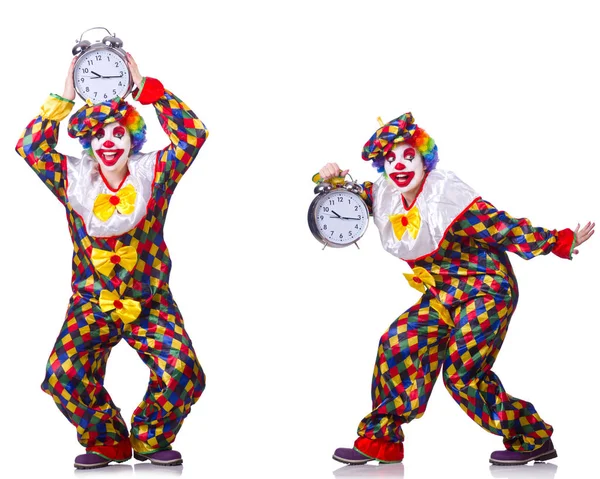 Śmieszny męski klaun z budzikiem — Zdjęcie stockowe