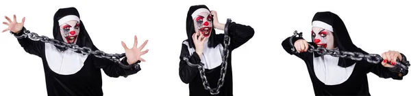 Weird female nun with shackles isolated on white — Stock Photo, Image