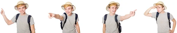 Junge mit Korkhelm und Rucksack — Stockfoto