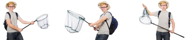 Jeune garçon en liège casque avec filet — Photo