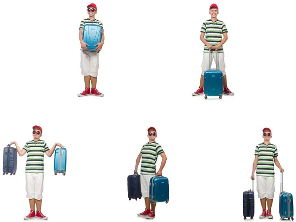 Young man with suitcase isolated on white — Stock Photo, Image