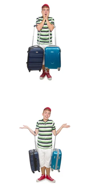 Young man with suitcase isolated on white — Stock Photo, Image