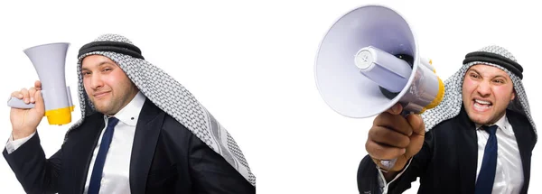 Homme d'affaires arabe avec mégaphone isolé sur blanc — Photo