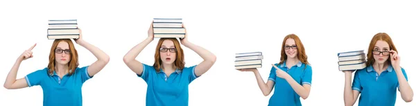 Estudante feminina com muitos livros isolados em branco — Fotografia de Stock