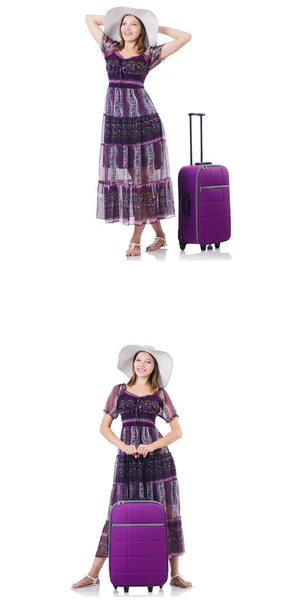 年轻女子，手提箱与白色隔离 — 图库照片