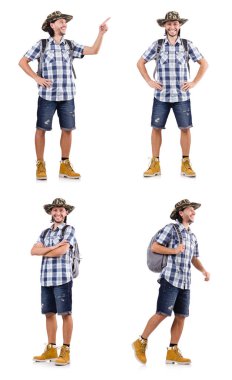 Genç seyahat beyaz izole sanal düğmesine basarak