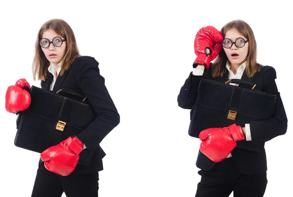 Funny mujer empleado boxeador aislado en blanco —  Fotos de Stock