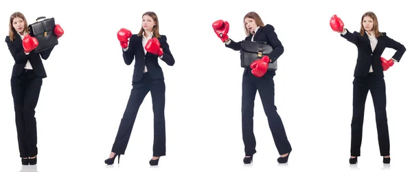 Empresária com luvas de boxe isolada em branco — Fotografia de Stock