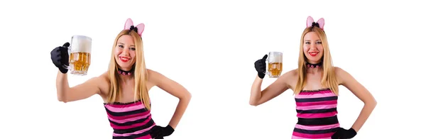 Young waitress with beer on white — Stock Photo, Image