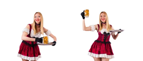 Young waitress with beer on white — Stock Photo, Image