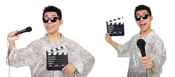 Junger Mann mit Mikrofon und Klappbrett isoliert auf weiß — Stockfoto