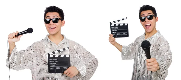 Jeune homme avec microphone et clapet isolé sur blanc — Photo