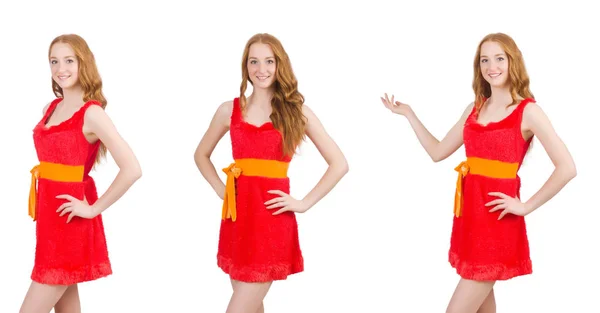 Young beautiful girl in red dress thunms up isolated on white — Stock Photo, Image