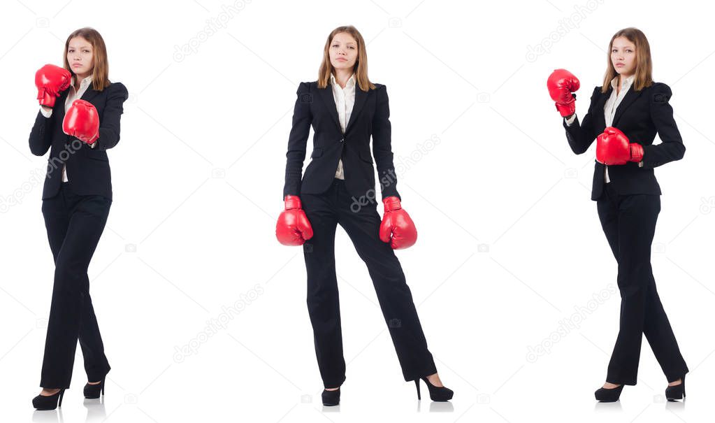 Businesswoman with boxing gloves isolated on white 