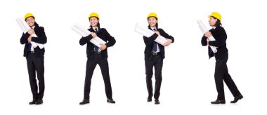 Genç inşaat mimarı beyazın üzerinde izole edilmiş.