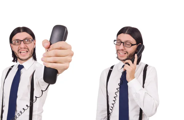 Wütender Geschäftsmann mit Telefon isoliert auf weiß — Stockfoto