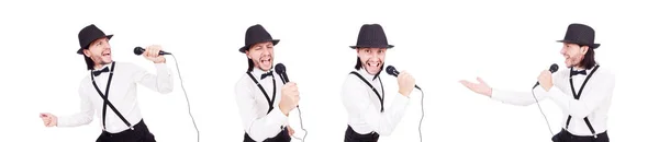 Lustiger Mann, der isoliert auf dem weißen singt — Stockfoto