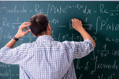 Genç erkek öğrenci okulda matematik