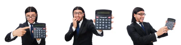 Человек с калькулятором изолирован на белом — стоковое фото